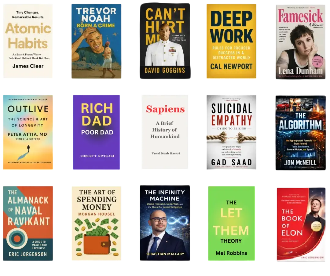 A selection of book covers from the Insta.page catalog, including Atomic Habits, Sapiens, Deep Work, Born a Crime, Can't Hurt Me, Rich Dad Poor Dad, Outlive, The Almanack of Naval Ravikant, Famesick, The Algorithm, The Infinity Machine, The Let Them Theory, Suicidal Empathy, The Art of Spending Money, and Young Man in a Hurry.